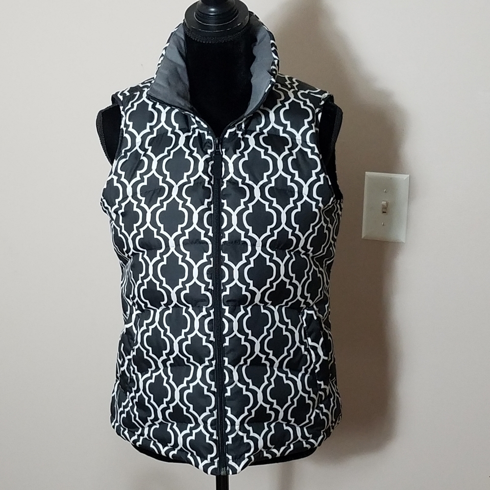 Land's End Black Print Quilted Vest Size S
